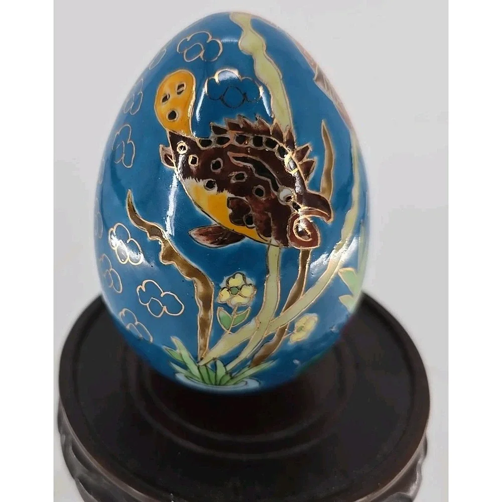 Ceramic Emu Egg- Koi Fish in Pond Graphic- Unique - 7 Oz‎ Enamel Ceramic Egg